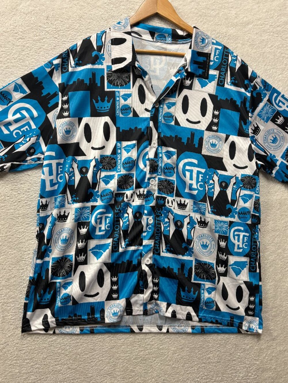 Charlotte FC MLS Soccer XL Button Up Shirt Blue Black White All Over Print